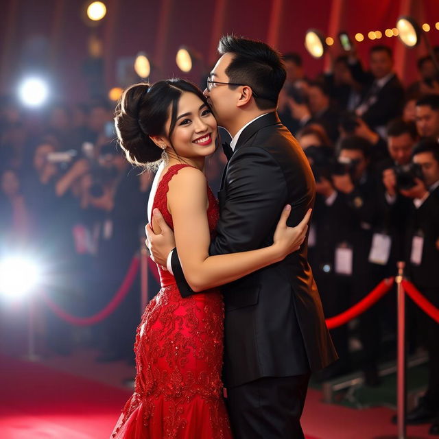 A glamorous scene of a Chinese man in an elegant black suit hugging and kissing a young woman on a red carpet