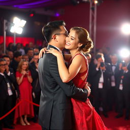 A glamorous scene of a Chinese man in an elegant black suit hugging and kissing a young woman on a red carpet