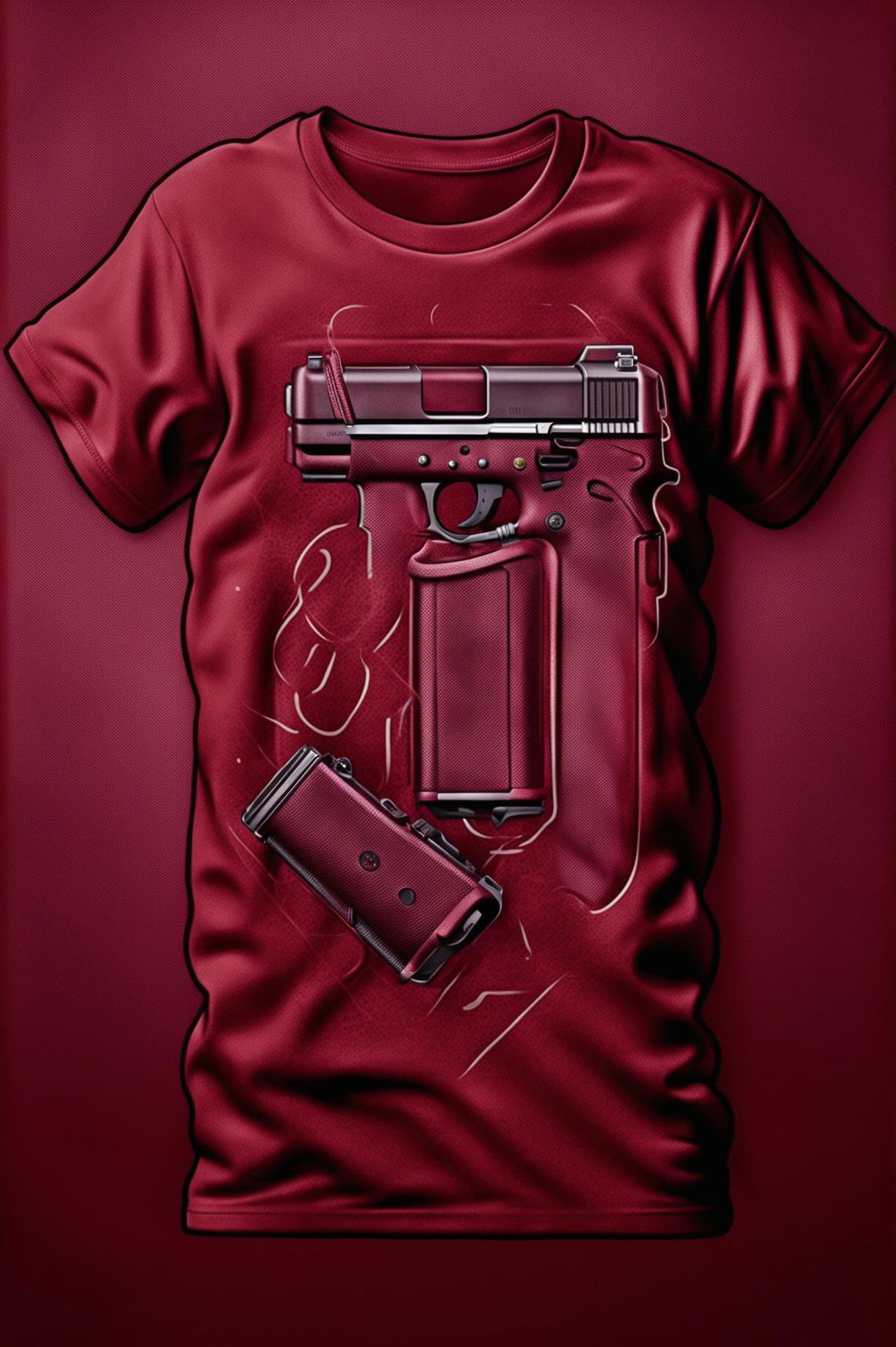 A high-quality digital art image featuring a burgundy graphic tee with a detailed, realistic design of a Glock handgun