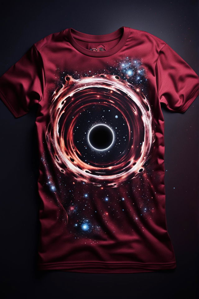 A high-quality digital art image featuring a burgundy graphic tee with a detailed, realistic design of a black hole