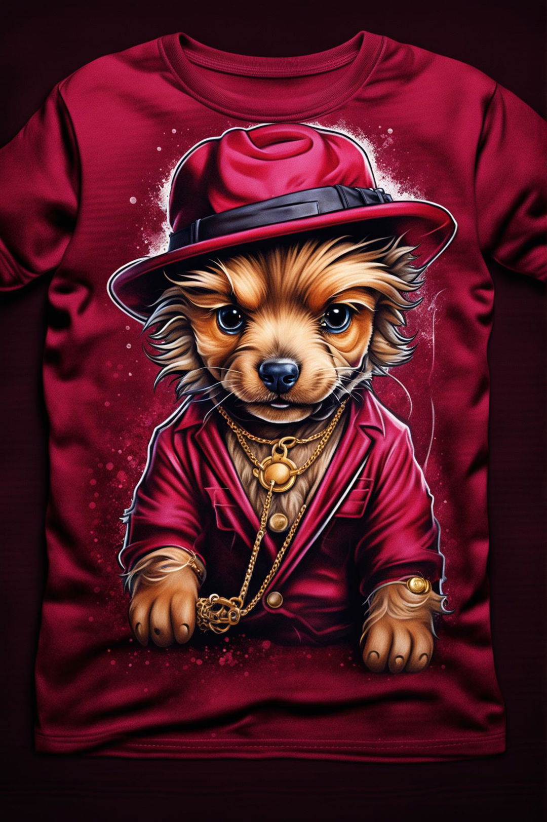 A high-quality digital art image featuring a burgundy graphic tee with a detailed, cartoonish design of a 'gangster puppy'