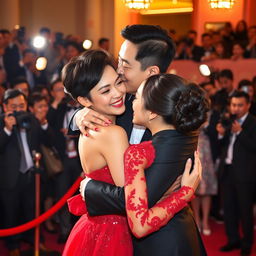 A glamorous scene of a Chinese man in an elegant black suit hugging and kissing a young woman on a red carpet, clearly showing the man's face