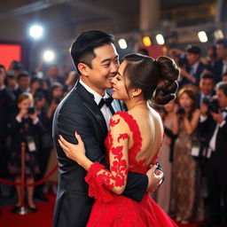 A glamorous scene of a Chinese man in an elegant black suit hugging and kissing a young woman on a red carpet, clearly showing the man's face