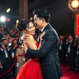 A glamorous scene of a Chinese man in an elegant black suit hugging and kissing a young woman on a red carpet, clearly showing the man's face