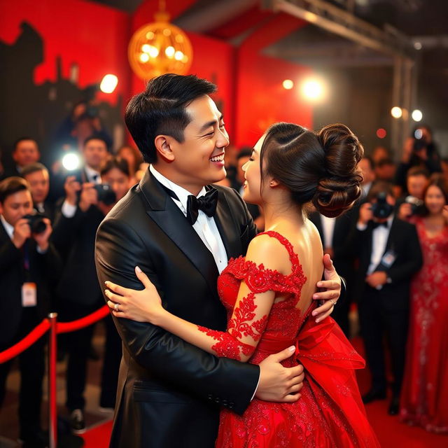 A glamorous scene of a Chinese man in an elegant black suit hugging and kissing a young woman on a red carpet, clearly showing the man's face