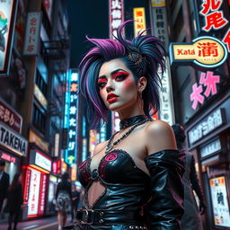 A vibrant street scene in Shinjuku, Tokyo, Japan, showcasing a futuristic Visual Kei woman with elaborate and colorful makeup, striking hair, and bold fashion