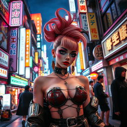 A vibrant street scene in Shinjuku, Tokyo, Japan, showcasing a futuristic Visual Kei woman with elaborate and colorful makeup, striking hair, and bold fashion