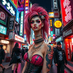 A vibrant street scene in Shinjuku, Tokyo, Japan, showcasing a futuristic Visual Kei woman with elaborate and colorful makeup, striking hair, and bold fashion