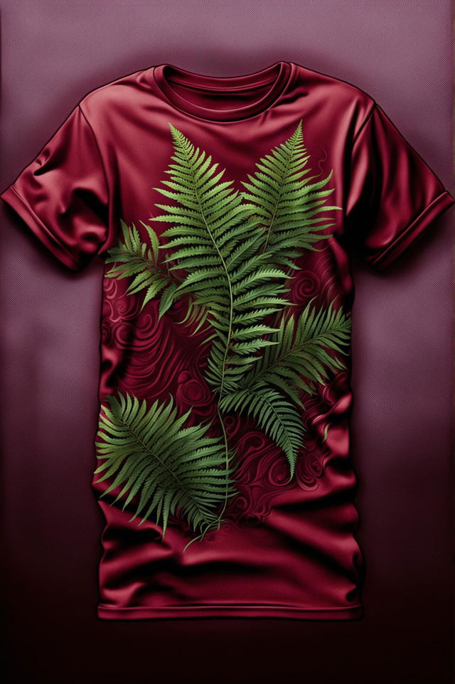 A high-quality digital art image featuring a burgundy graphic tee with a detailed, realistic design of a fern