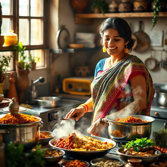 A vibrant and lively scene depicting an Indian lady cooking in a traditional kitchen