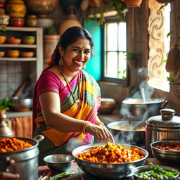 A vibrant and lively scene depicting an Indian lady cooking in a traditional kitchen