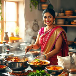 A vibrant and lively scene depicting an Indian lady cooking in a traditional kitchen