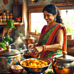 A vibrant and lively scene depicting an Indian lady cooking in a traditional kitchen