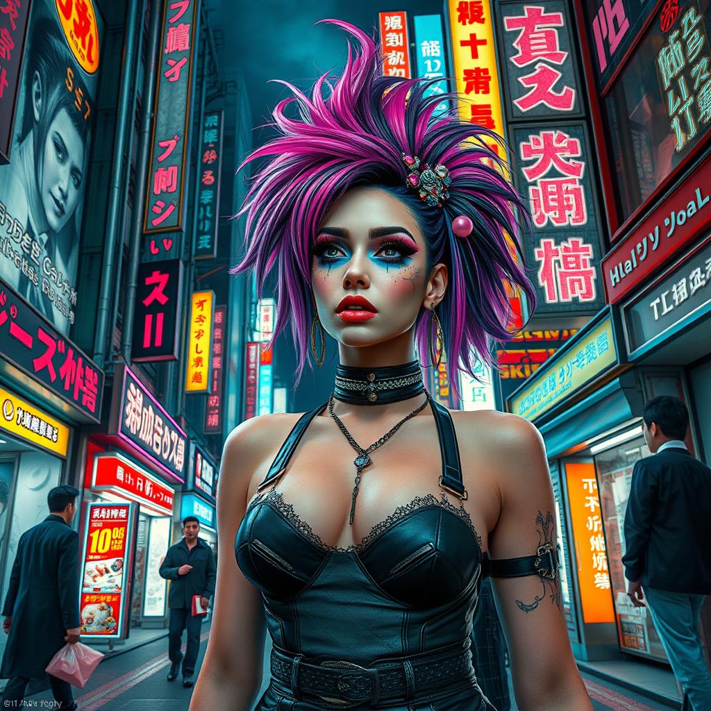 A vibrant street scene in Shinjuku, Tokyo, Japan, showcasing a futuristic Visual Kei woman with elaborate and colorful makeup, striking hair, and bold fashion