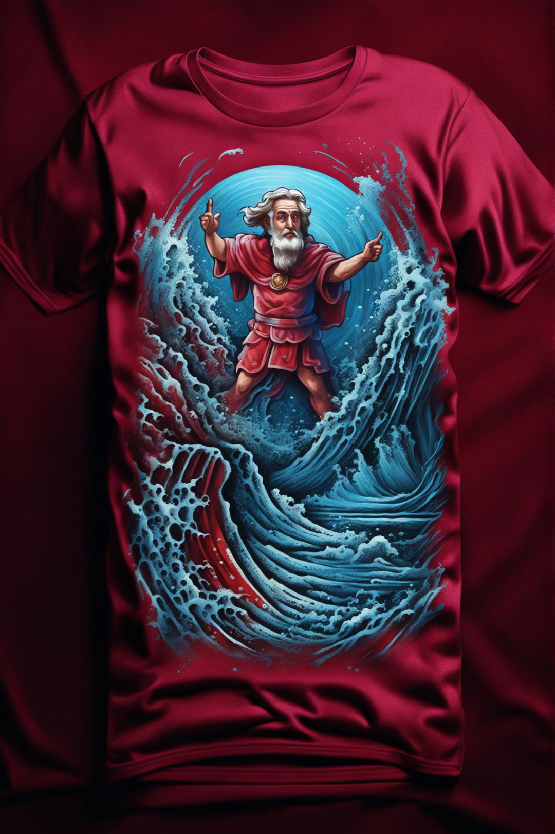 A high-quality digital art image featuring a burgundy graphic tee with a detailed design of the biblical scene of Moses parting the Red Sea