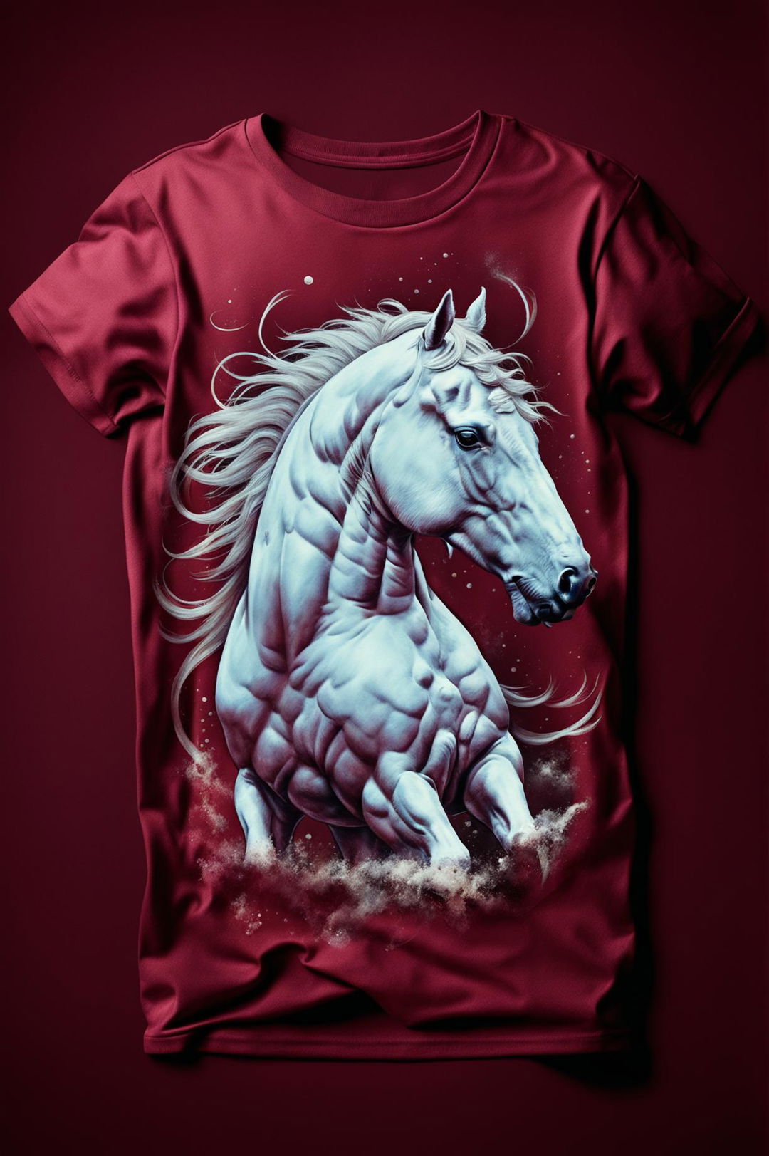 A high-quality digital art image featuring a burgundy graphic tee with a detailed, realistic design of a white horse