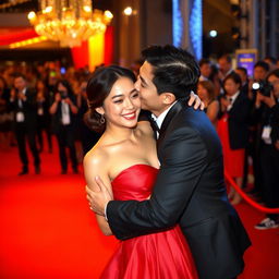 A glamorous scene of a Chinese man in a stylish black suit hugging and kissing a young woman on a vibrant red carpet