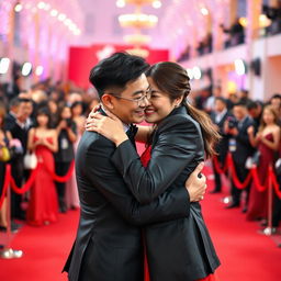 A glamorous scene of a Chinese man in a stylish black suit hugging and kissing a young woman on a vibrant red carpet