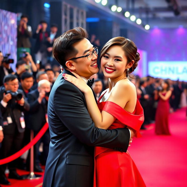 A glamorous scene of a Chinese man in a stylish black suit hugging and kissing a young woman on a vibrant red carpet