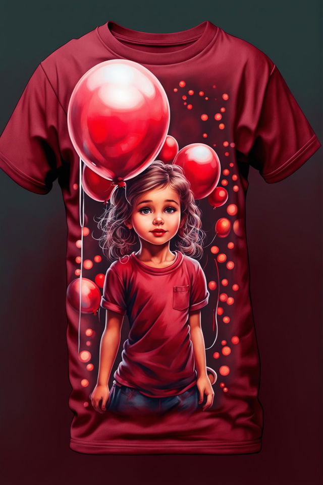 A high-quality digital art image featuring a burgundy graphic tee with a detailed, realistic design of a girl with a red balloon