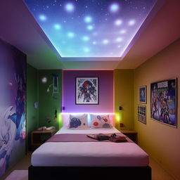 A vibrant room featuring a double bed, a ceiling imitating the moon surface lit with LEDs, dedicated space displaying action figures, a wall adorned with anime posters, in a fresh color scheme.