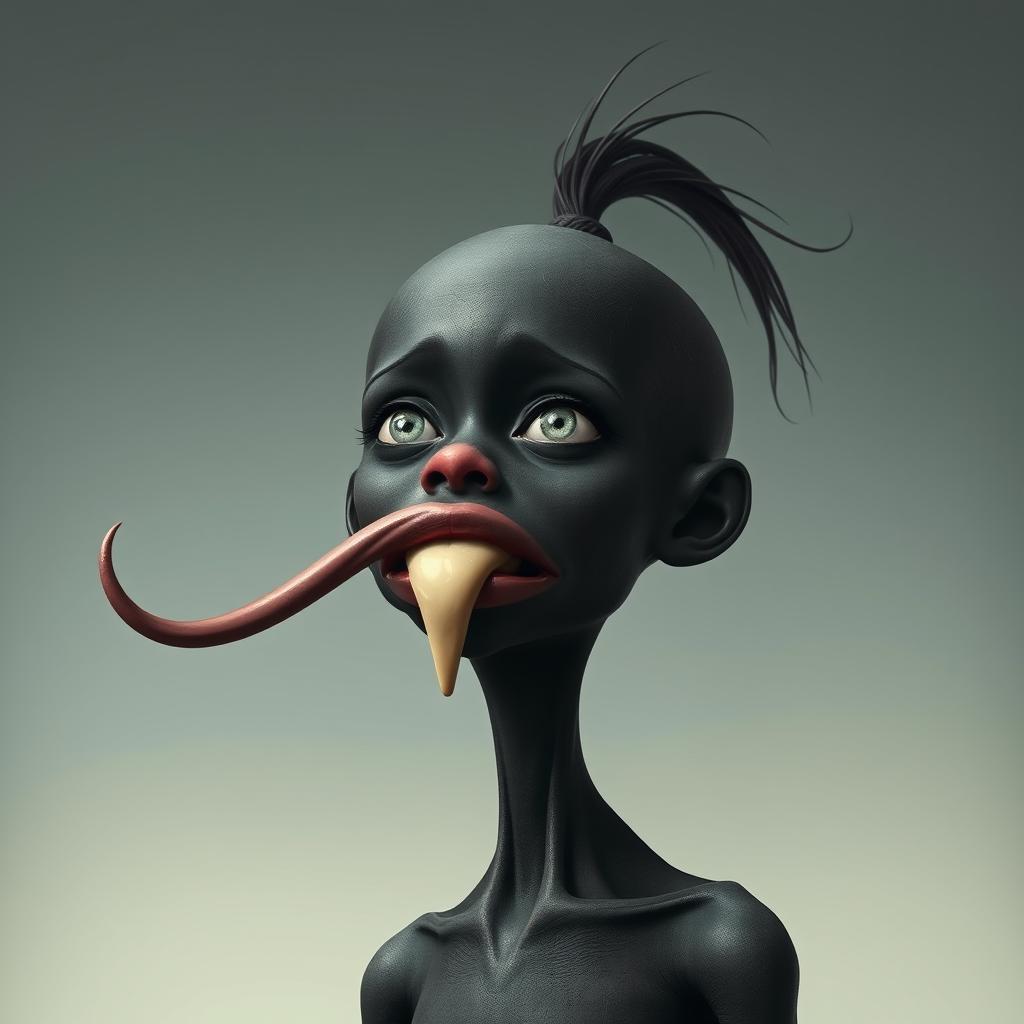 A surreal and imaginative depiction of a bald girl with black skin and white eyes