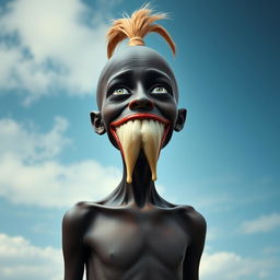 A surreal and imaginative depiction of a bald girl with black skin and white eyes
