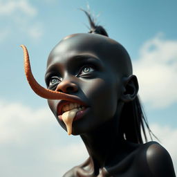 A surreal and imaginative depiction of a bald girl with black skin and white eyes