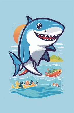 A high-quality, cartoonish graphic design for a baby tee featuring a cute, playful baby shark