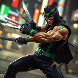 A fierce, dynamic scene depicting a character known as the Blade Slinger engaged in combat with knives