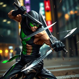 A fierce, dynamic scene depicting a character known as the Blade Slinger engaged in combat with knives