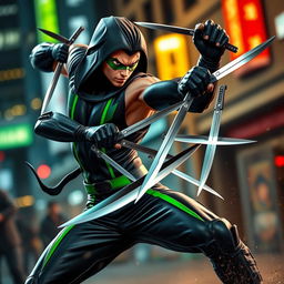 A fierce, dynamic scene depicting a character known as the Blade Slinger engaged in combat with knives