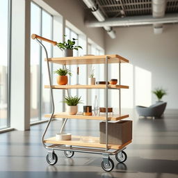 Aesthetic three tier shopping trolley, elegantly designed with a minimalist and modern style