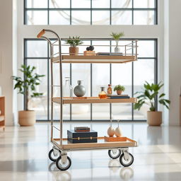 Aesthetic three tier shopping trolley, elegantly designed with a minimalist and modern style