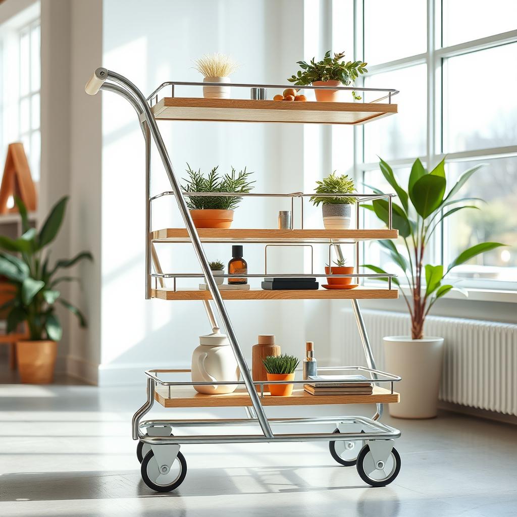 Aesthetic three tier shopping trolley, elegantly designed with a minimalist and modern style