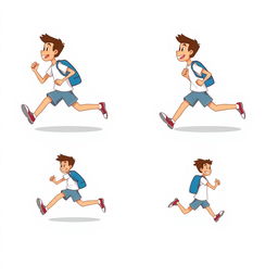 A four-frame animation showing a character running cycle, featuring a male student with a simple design