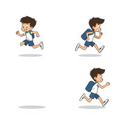 A four-frame animation showing a character running cycle, featuring a male student with a simple design