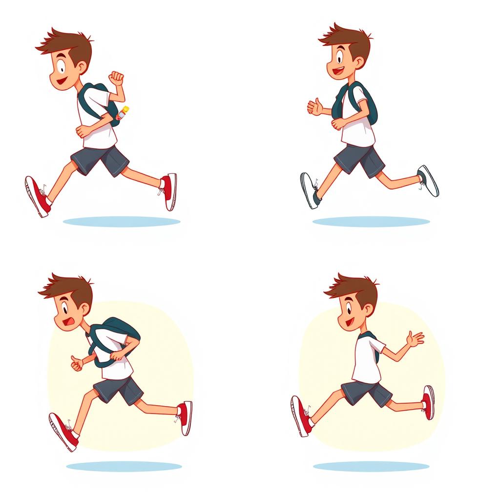 A four-frame animation showing a character running cycle, featuring a male student with a simple design