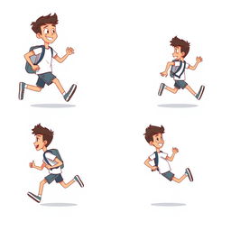 A four-frame animation showing a character running cycle, featuring a male student with a simple design