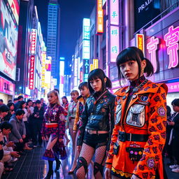 A vibrant and futuristic fashion show inspired by Prada in Shinjuku, featuring striking Visual Kei aesthetics