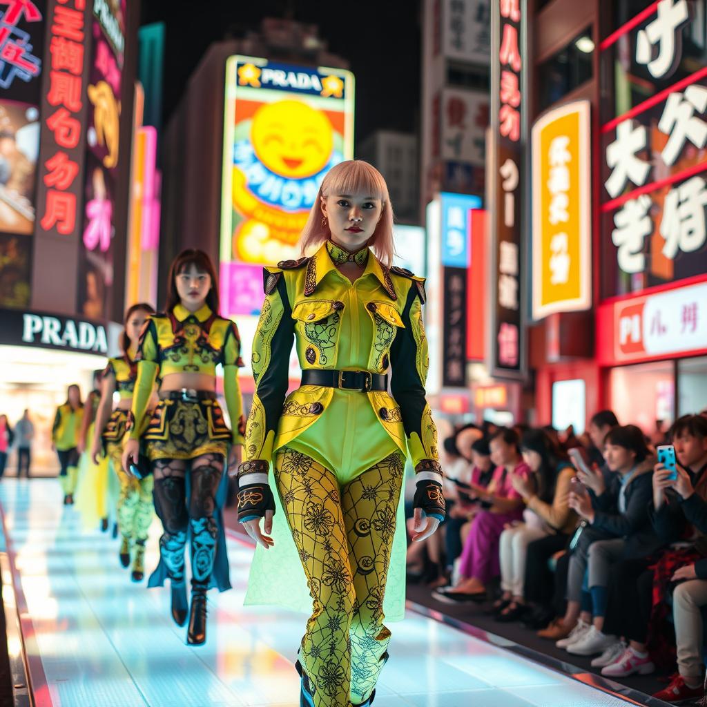 A vibrant and futuristic fashion show inspired by Prada in Shinjuku, featuring striking Visual Kei aesthetics