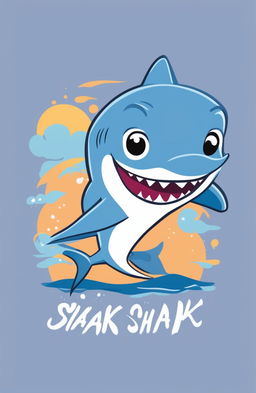 A high-quality, cartoonish graphic design for a baby tee featuring a cute, playful baby shark