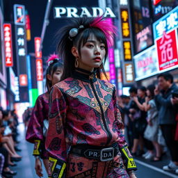 A vibrant and futuristic fashion show inspired by Prada in Shinjuku, featuring striking Visual Kei aesthetics