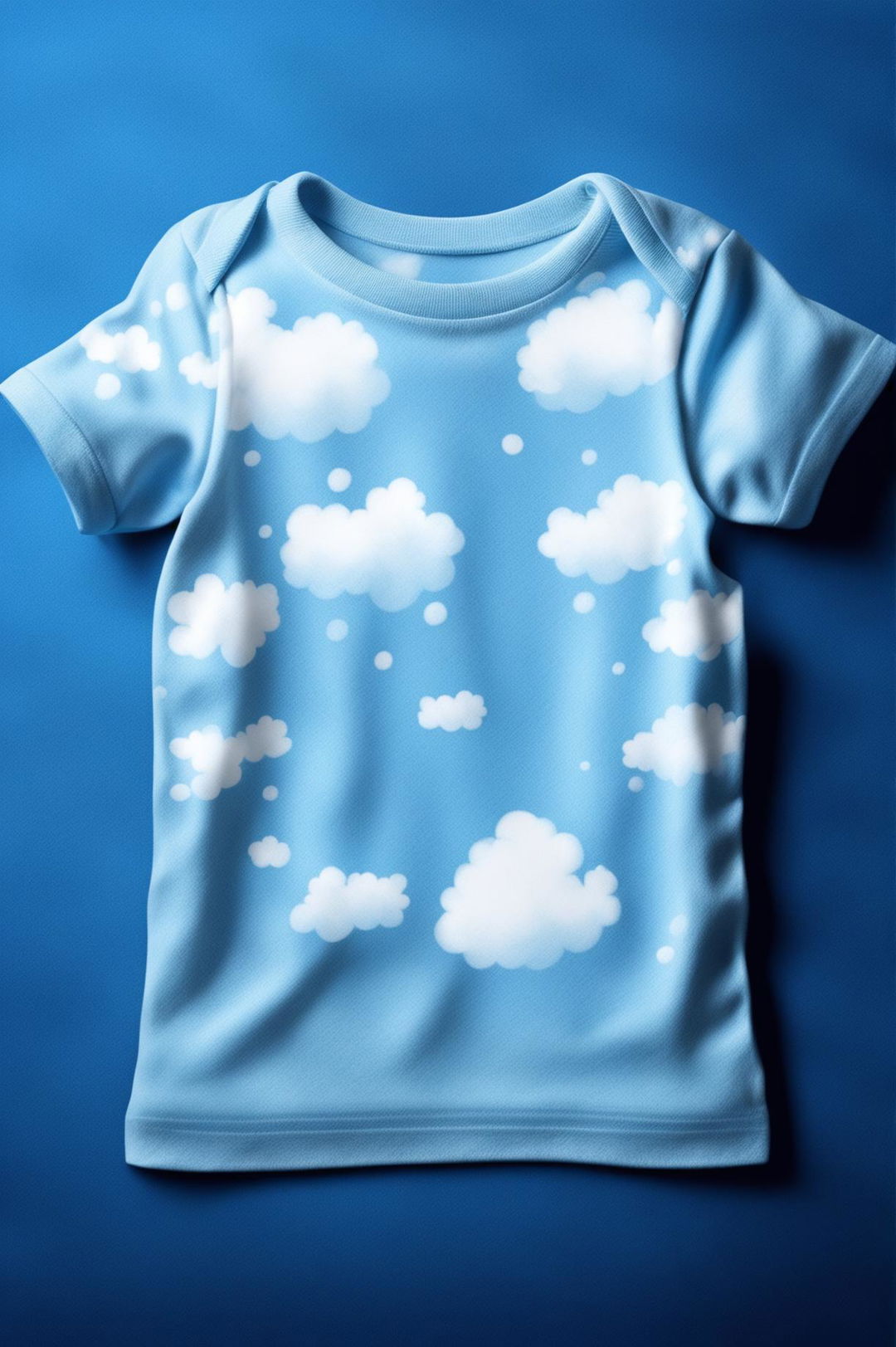 A high-quality digital art design of a baby's graphic tee in sky blue, featuring a pattern of intricately detailed, fluffy, white clouds