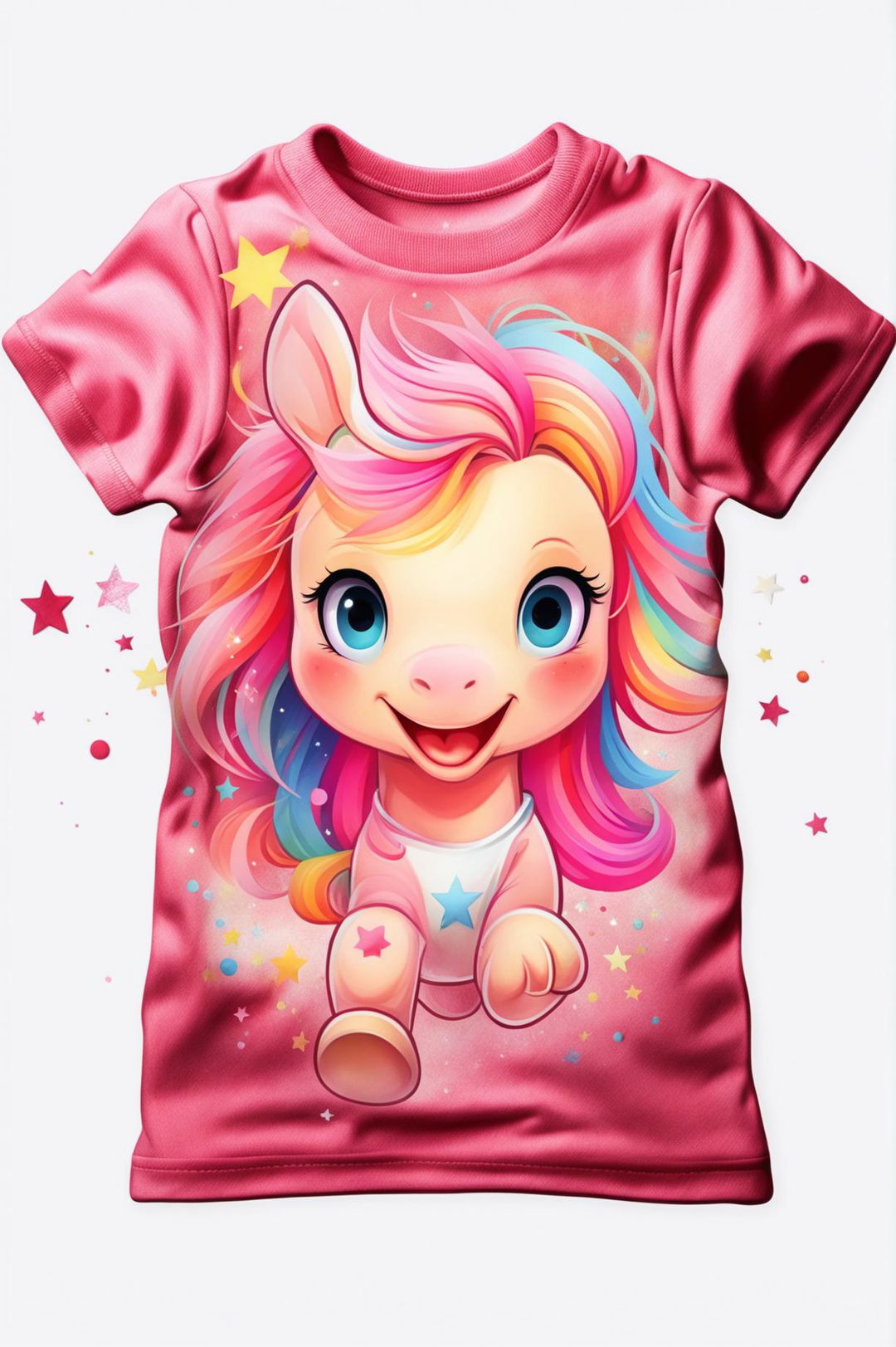 A vibrant digital art design of a baby's graphic tee in pastel pink, featuring a friendly, cartoon-style pony in a deeper pink with a rainbow-colored mane and tail