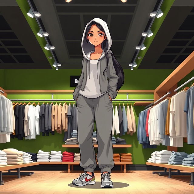 A beautiful, large cartoon model wearing loose-fitting basic pants, a hooded sweatshirt with a hood, a light jacket, and sporty shoes, standing in a clothing store named BATTI