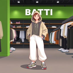 A beautiful, large cartoon model wearing loose-fitting basic pants, a hooded sweatshirt with a hood, a light jacket, and sporty shoes, standing in a clothing store named BATTI