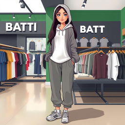 A beautiful, large cartoon model wearing loose-fitting basic pants, a hooded sweatshirt with a hood, a light jacket, and sporty shoes, standing in a clothing store named BATTI