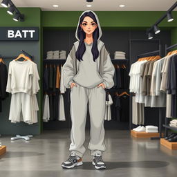 A beautiful, large cartoon model wearing loose-fitting basic pants, a hooded sweatshirt with a hood, a light jacket, and sporty shoes, standing in a clothing store named BATTI