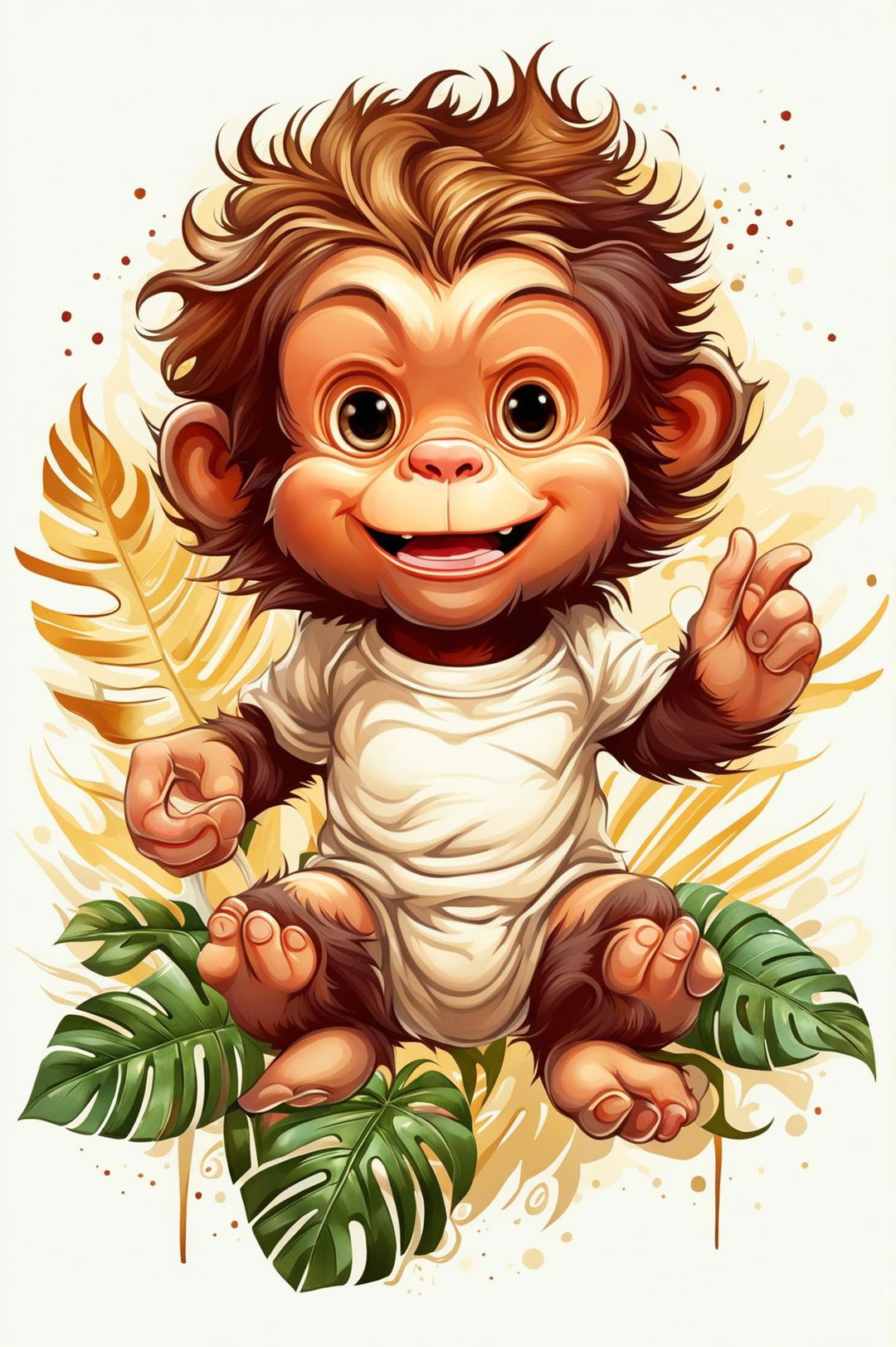 A high-quality digital art design of a baby's graphic tee in creamy white, featuring a playful, cartoon-style monkey in earthy browns surrounded by tropical leaves